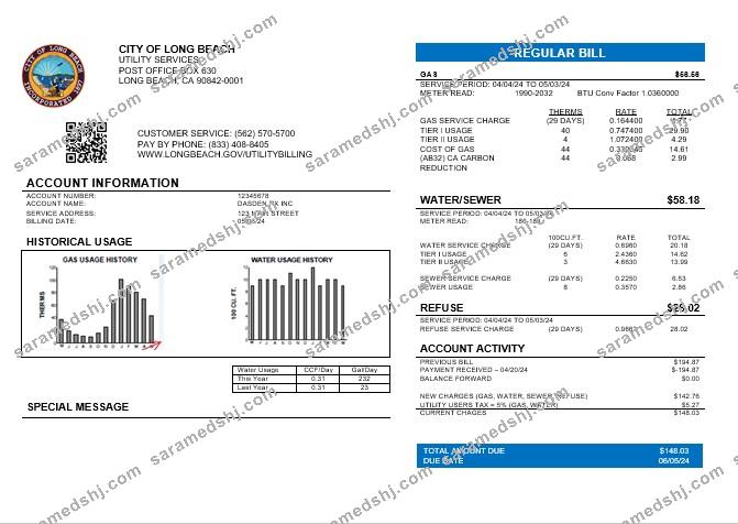 USA City of Long Beach business utility bill template in Word and PDF formats